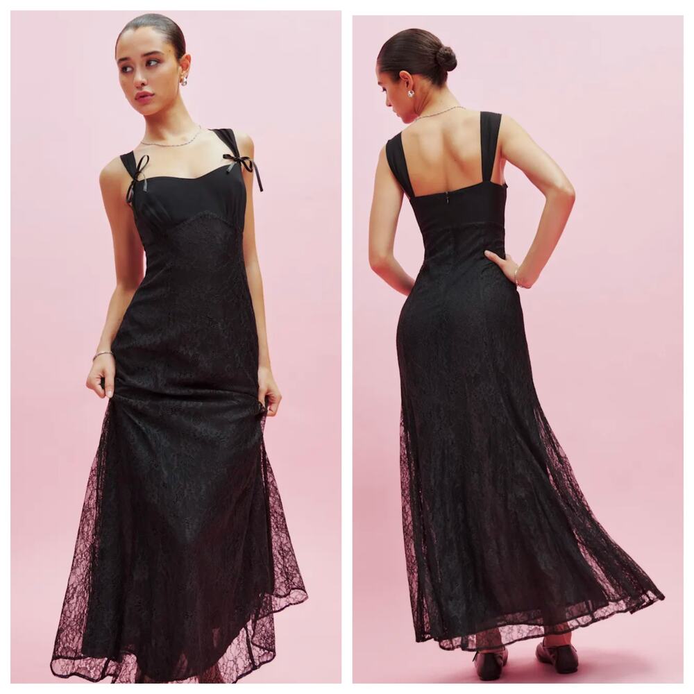 Reformation Black Lace Midi Dress with Tie Straps